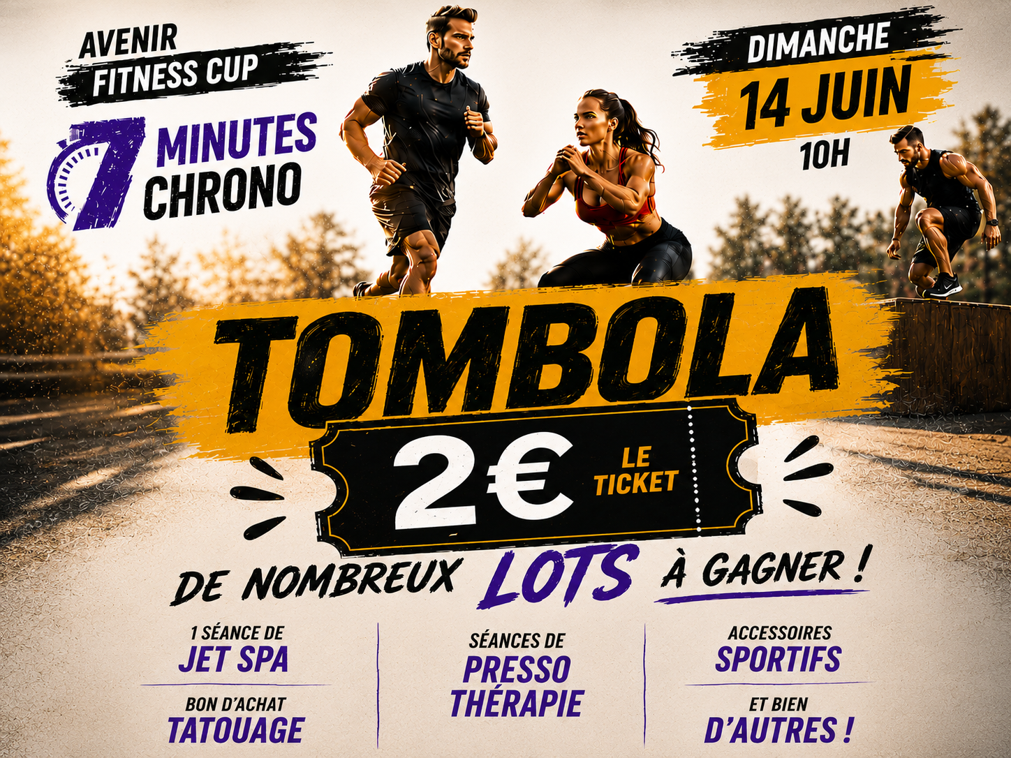Tombola Avenir Fitness Cup — 2 € le ticket : séance de jet spa, séances de pressothérapie, bon d'achat tatouage et accessoires sportifs à gagner