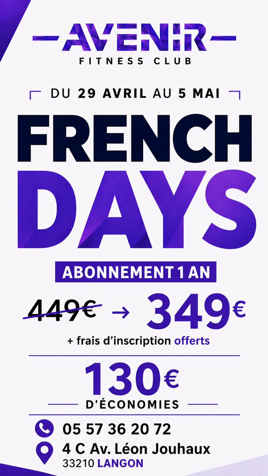 French Days Avenir Fitness Langon — abonnement 1 an à 349 €