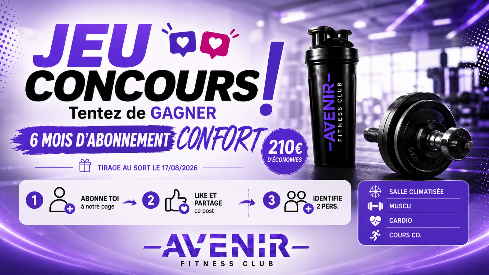 Jeu concours Avenir Fitness Langon — 6 mois d'abonnement CONFORT à gagner, 210 € d'économies
