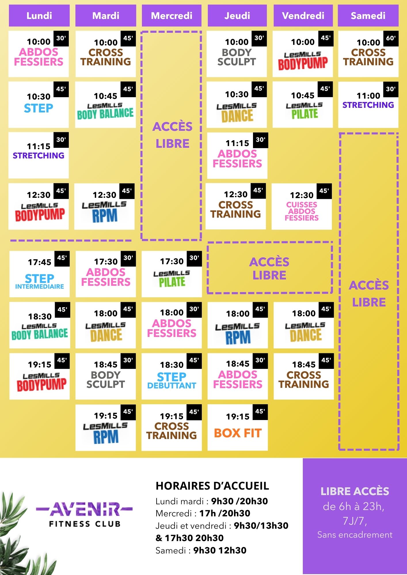 Planning des cours d'été Avenir Fitness — du 6 juillet au 30 août
