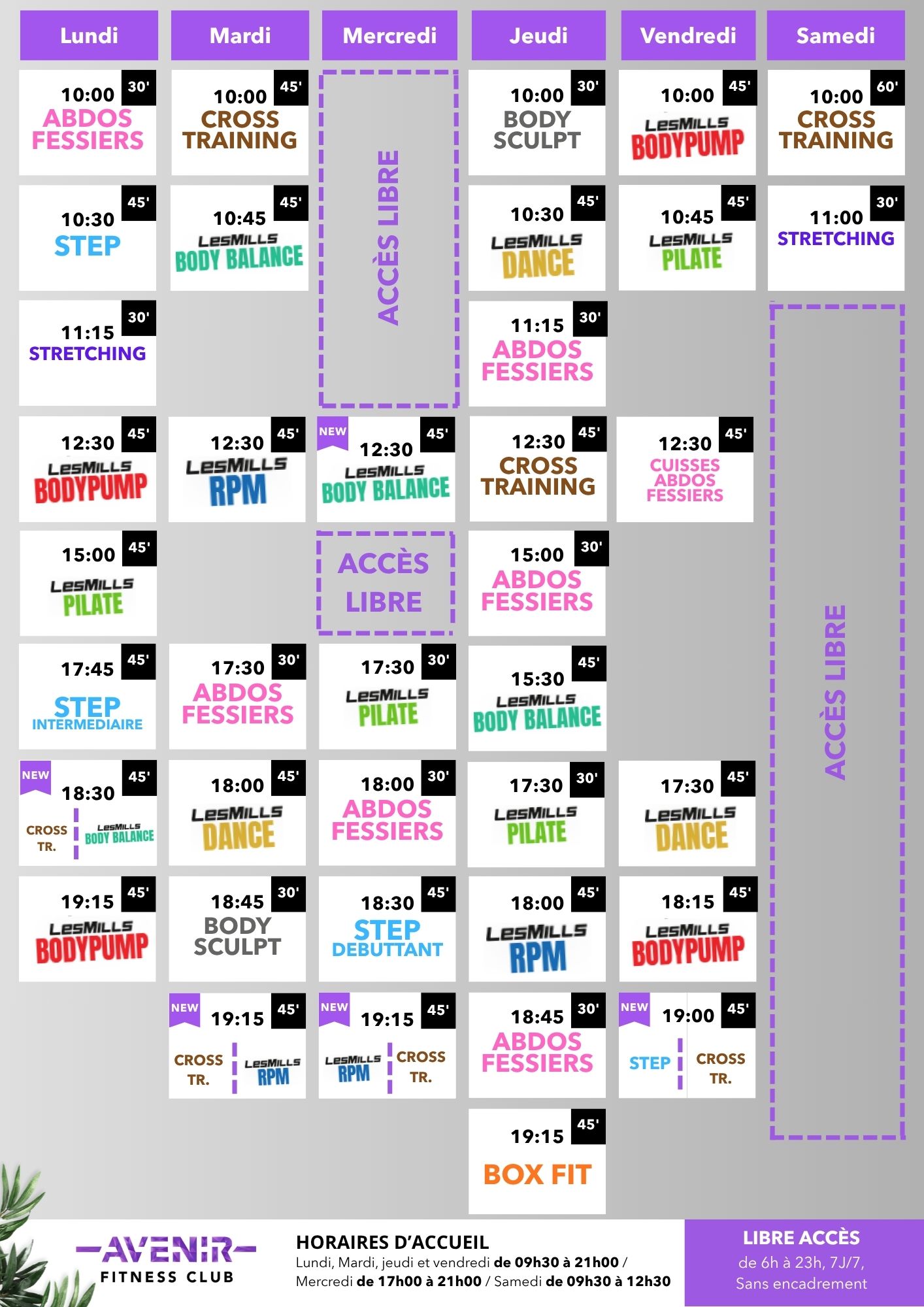 Planning des cours de septembre Avenir Fitness — à partir du 31 août