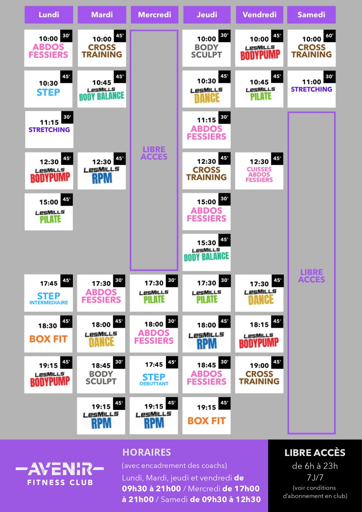 Planning des cours Avenir Fitness